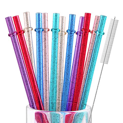 12 Pieces Reusable Plastic Straws Fit for Mason Jars, Tumblers, 9 Inches Glitter Sparkle Unbreakable Drinking Straw with 1 Cleaning Brush, BPA Free and Eco-friendly