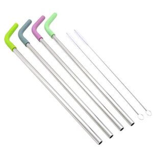 big drinking straws reusable 13" extra long 8mm extra wide food-grade 18/8 stainless steel silicone elbows tips for smoothie milkshake cocktail juice hot drinks - set of 4 + 2 cleaning brushes