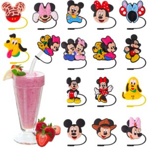 15pcs straw covers straw covers cap cute silicone reusable straw toppers drinking straws party birthday party gifts portable for 6-8 mm straws (cute style)