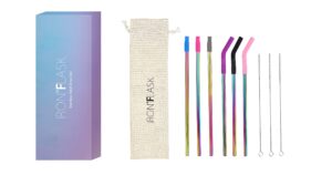 iron °flask reusable straws - 6 stainless steel or plastic straw w/bendy silicone tips, 3 cleaning brushes & travel case - drinking straw for water bottles,tumblers & thermos - dishwasher safe