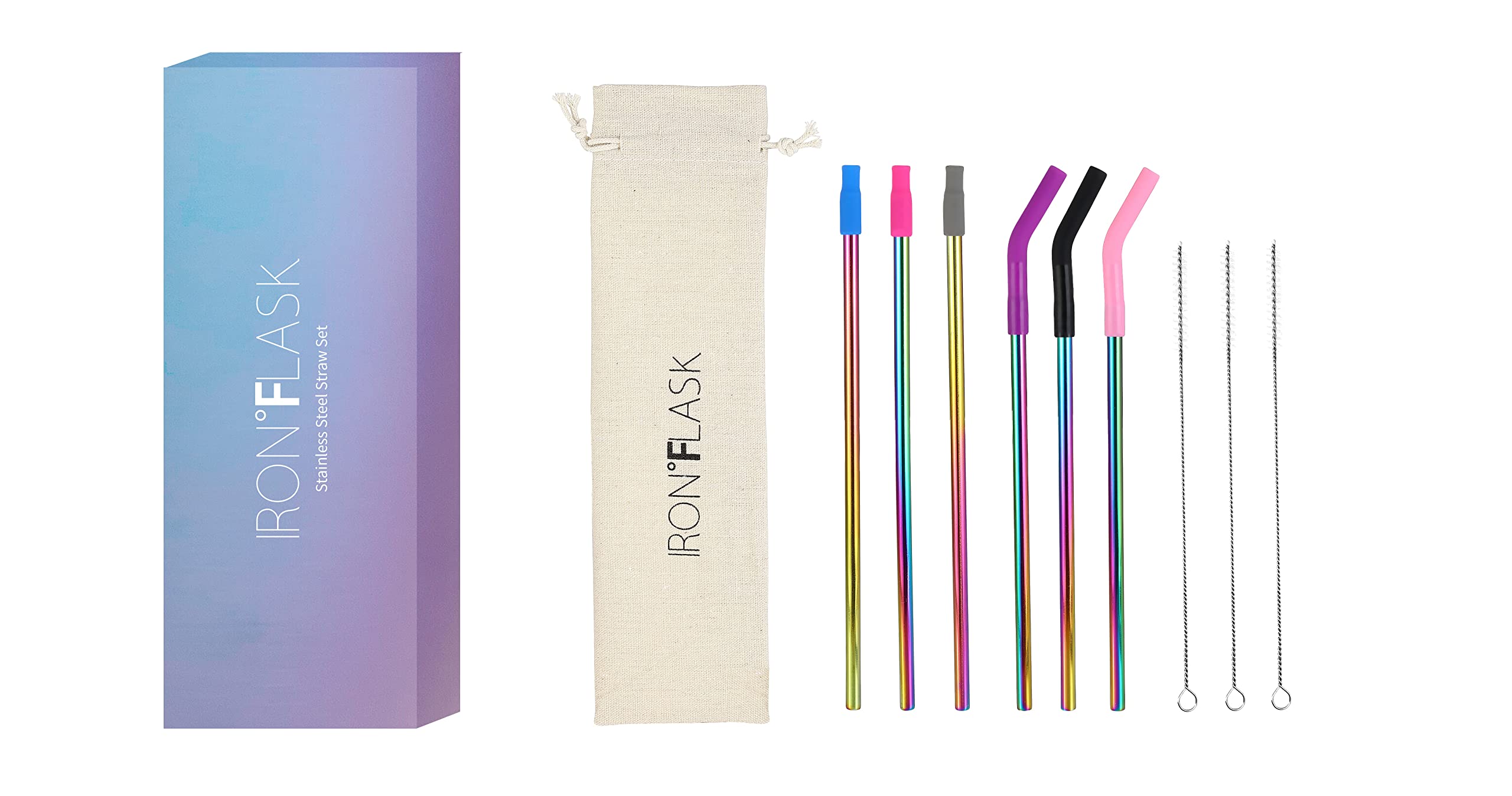 IRON °FLASK Reusable Straws - 6 Stainless Steel or Plastic Straw w/Bendy Silicone Tips, 3 Cleaning Brushes & Travel Case - Drinking Straw for Water Bottles,Tumblers & Thermos - Dishwasher Safe