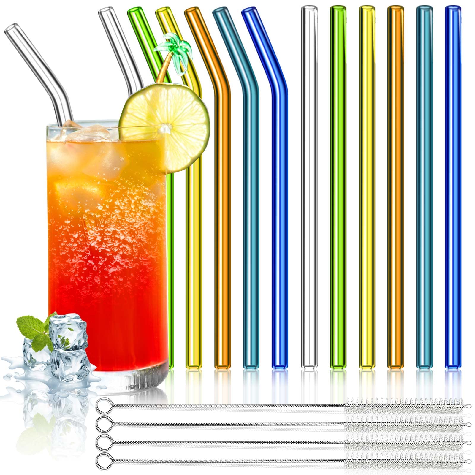 Panesor Glass Straws, 12PCS Reusable Drinking Straws with 4 Cleaning Brushes 8.5''x10 MM Multi-color 6 Straight and 6 Bent Replacement for Milkshakes Coffee Drinks Smoothies Juice 20 24 30oz Tumbler