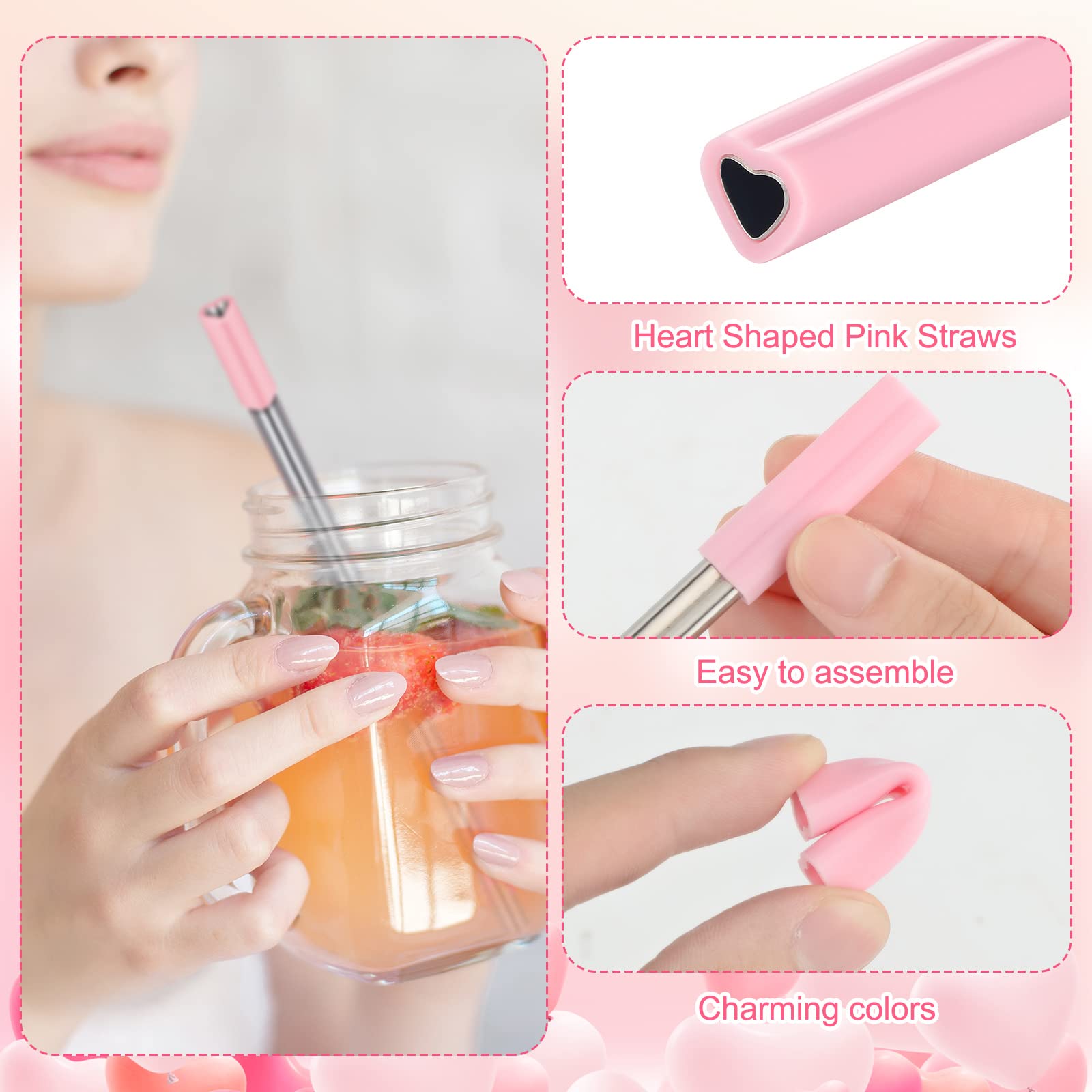 Jutom 8 Pack Heart Shaped Stainless Steel Straws with Silicone Tips Reusable Heart Straws Cute Straws with 2 Cleaning Brushes for Hot Cold Drinks Valentine's Day Bridal Shower Wedding (Pink)