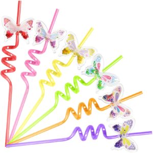 afzmon butterfly drinking straws 24 pcs butterfly party favors with 2 cleaning brush birthday party supplies long plastic straw girls party decorations