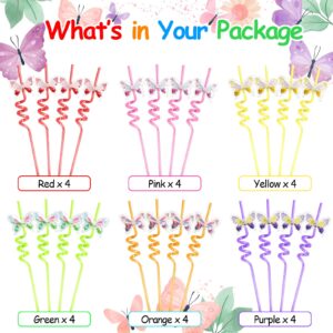 AFZMON Butterfly Drinking Straws 24 PCS Butterfly Party Favors with 2 Cleaning Brush Birthday Party Supplies Long Plastic Straw Girls Party Decorations