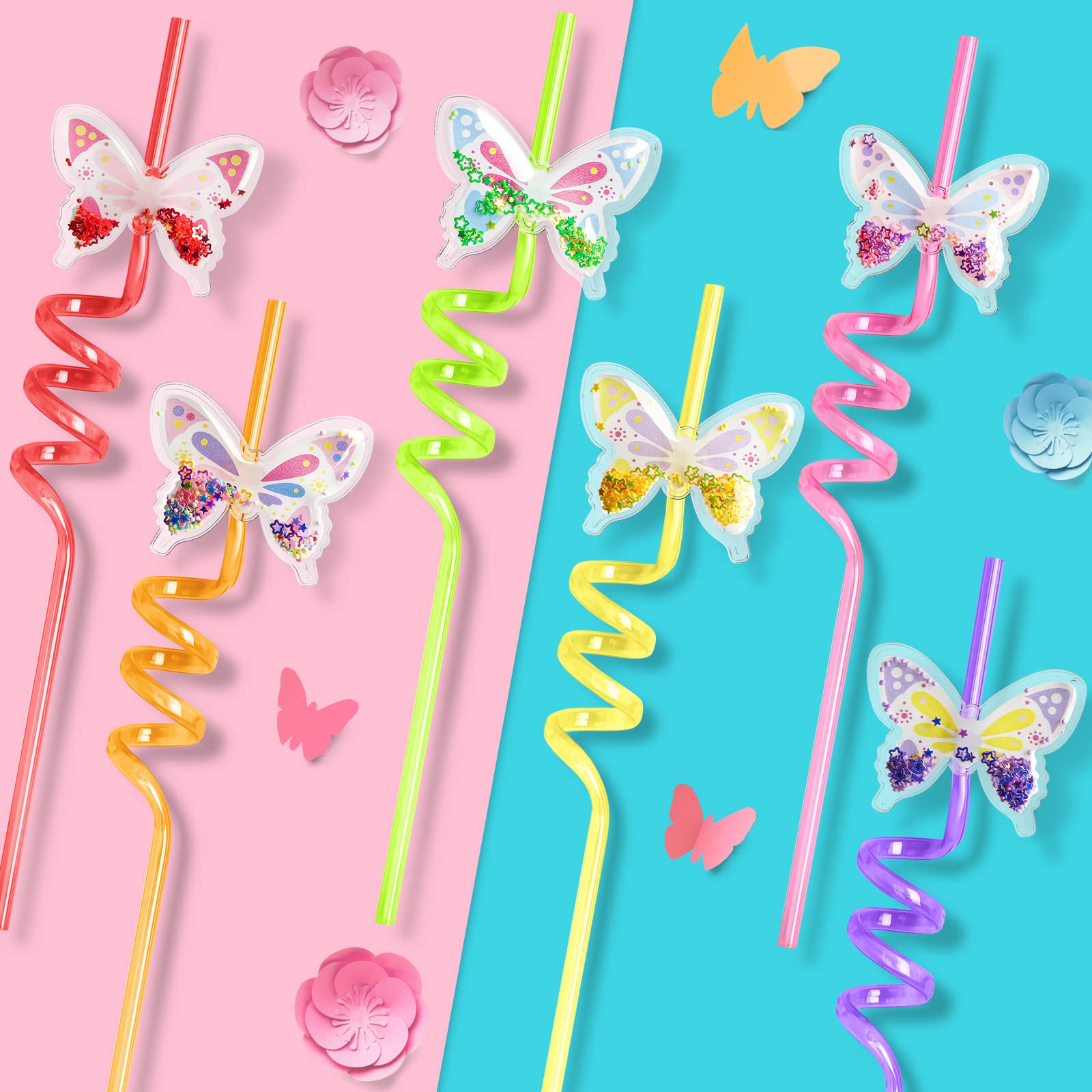 AFZMON Butterfly Drinking Straws 24 PCS Butterfly Party Favors with 2 Cleaning Brush Birthday Party Supplies Long Plastic Straw Girls Party Decorations
