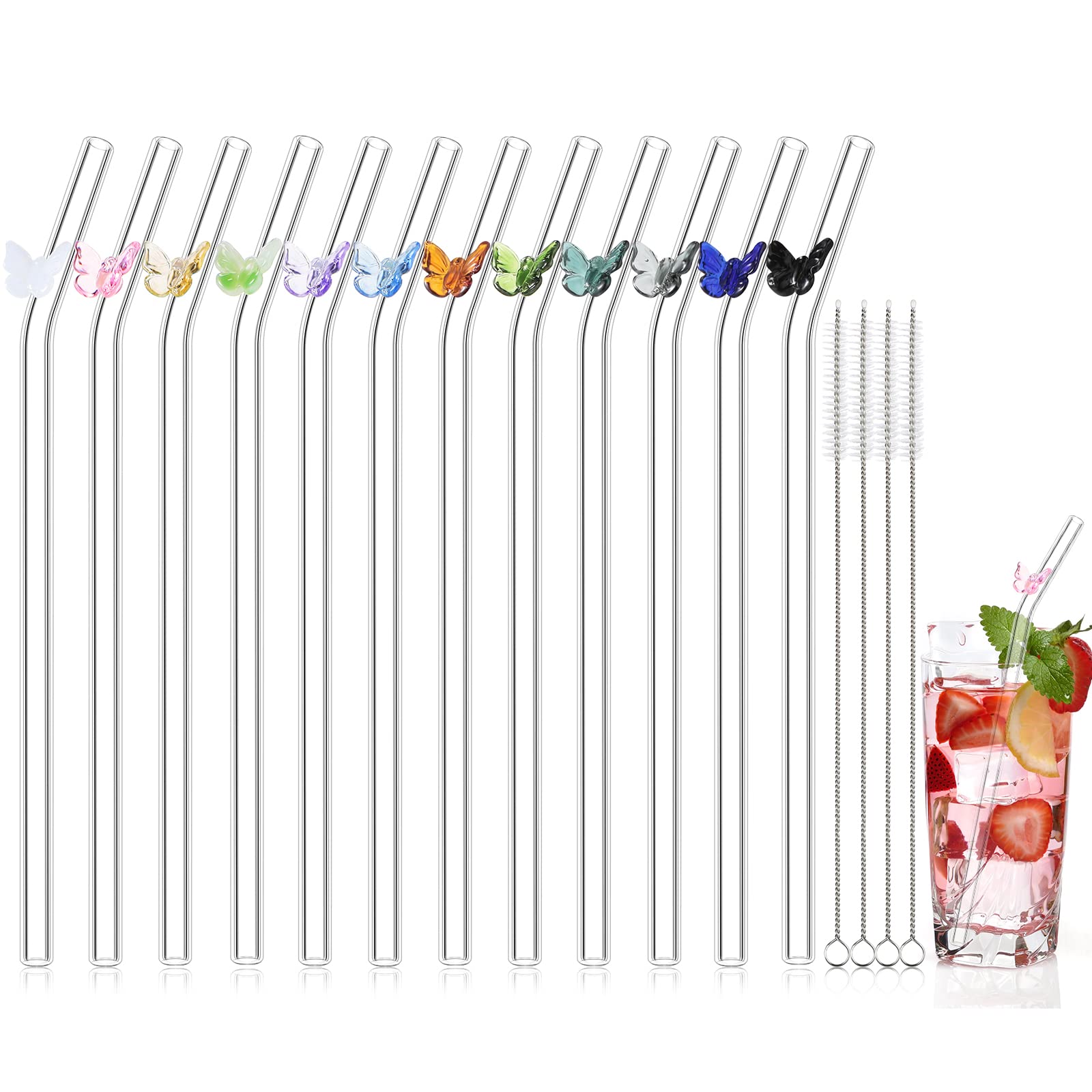 12 Pcs Reusable Glass Straws with 4 Cleaning Brushes, 8 mm x 7.9 Inch Bent Glass Butterfly Straws Colorful Butterfly on Clear Straws for Smoothie Cocktail Juice Shakes Beverages