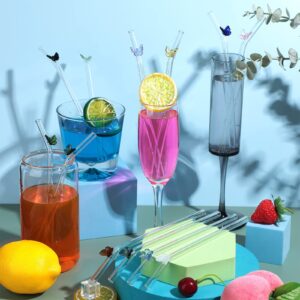 12 Pcs Reusable Glass Straws with 4 Cleaning Brushes, 8 mm x 7.9 Inch Bent Glass Butterfly Straws Colorful Butterfly on Clear Straws for Smoothie Cocktail Juice Shakes Beverages