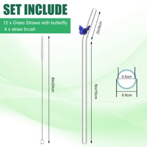 12 Pcs Reusable Glass Straws with 4 Cleaning Brushes, 8 mm x 7.9 Inch Bent Glass Butterfly Straws Colorful Butterfly on Clear Straws for Smoothie Cocktail Juice Shakes Beverages