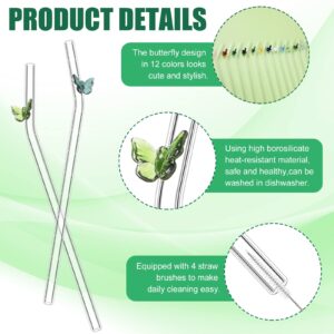 12 Pcs Reusable Glass Straws with 4 Cleaning Brushes, 8 mm x 7.9 Inch Bent Glass Butterfly Straws Colorful Butterfly on Clear Straws for Smoothie Cocktail Juice Shakes Beverages