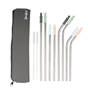 goodful 8 piece variety pack reusable travel stainless steel straw set, travel case, cleaning brushes, removeable silicone tips, multi color