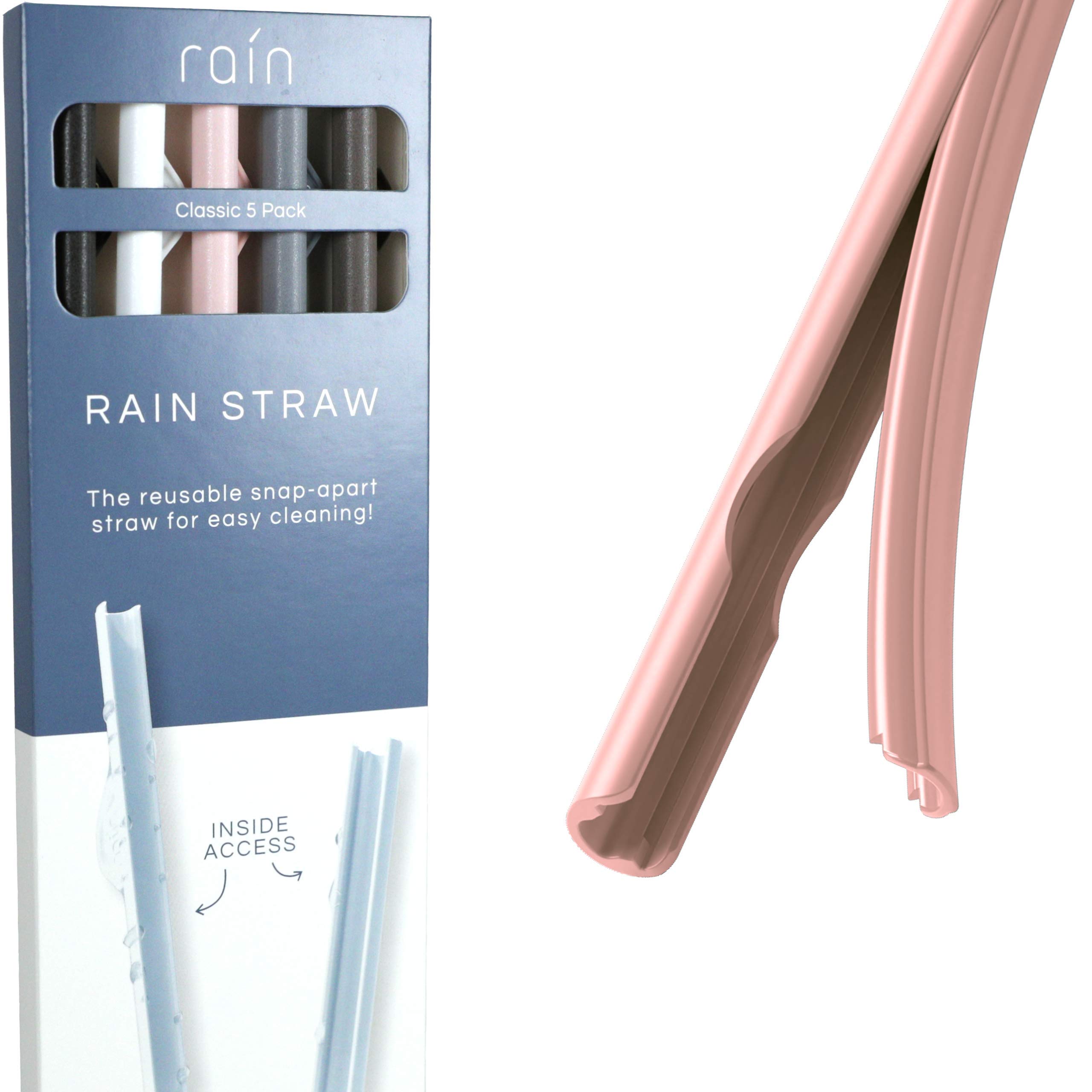 Rain Straw - Easy Clean Reusable Drinking Straws That Snap Open for Easy Cleaning - No Cleaning Brush or Cleaner Needed - Eco Friendly BPA Free 10.5" long Plastic Straws for Tumbler (Classic, 5 Pack)