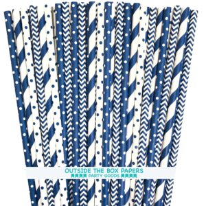 paper straws - navy blue and white - stripe chevron polka dot - 7.75 inches - 100 pack - outside the box papers brand
