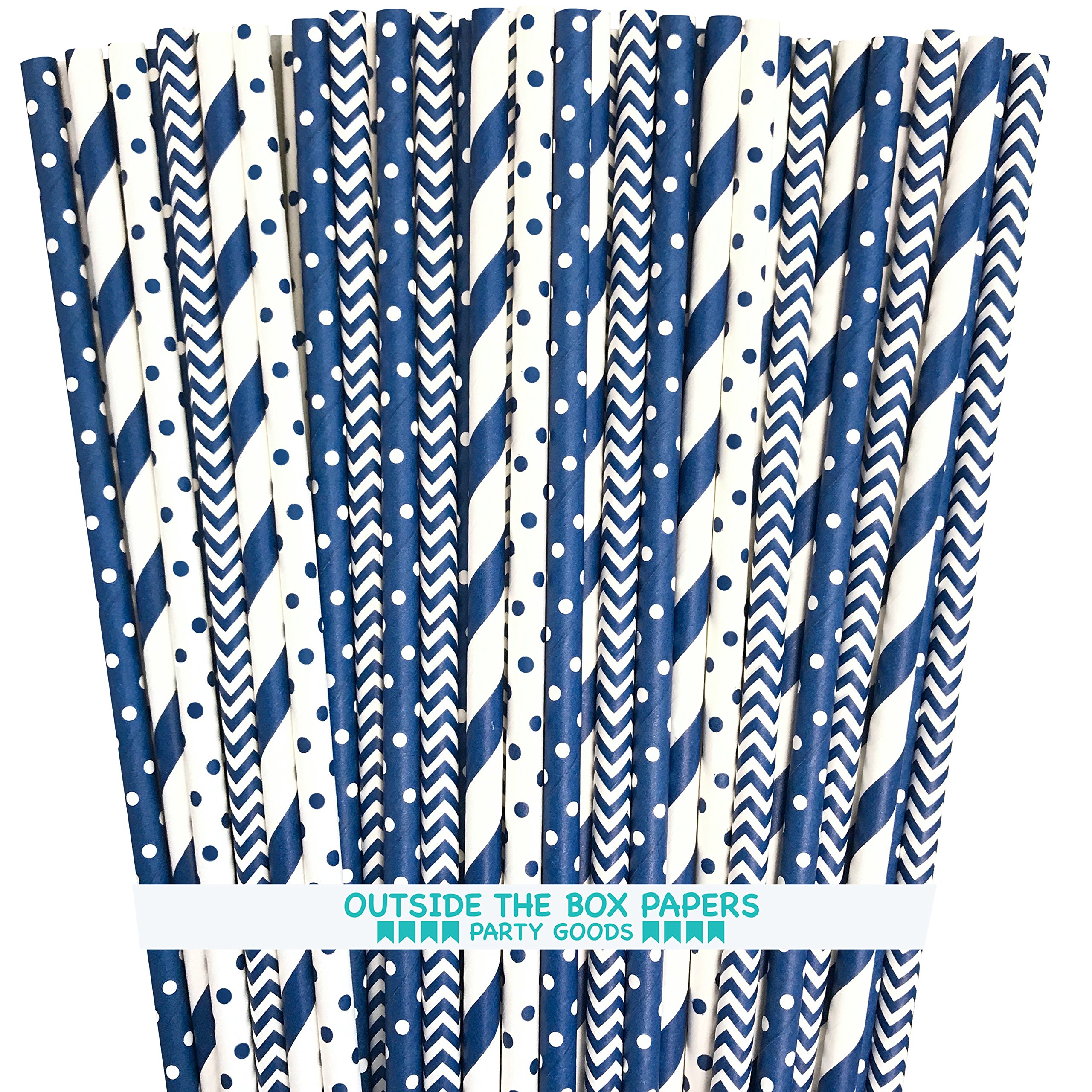 Paper Straws - Navy Blue and White - Stripe Chevron Polka Dot - 7.75 Inches - 100 Pack - Outside the Box Papers Brand