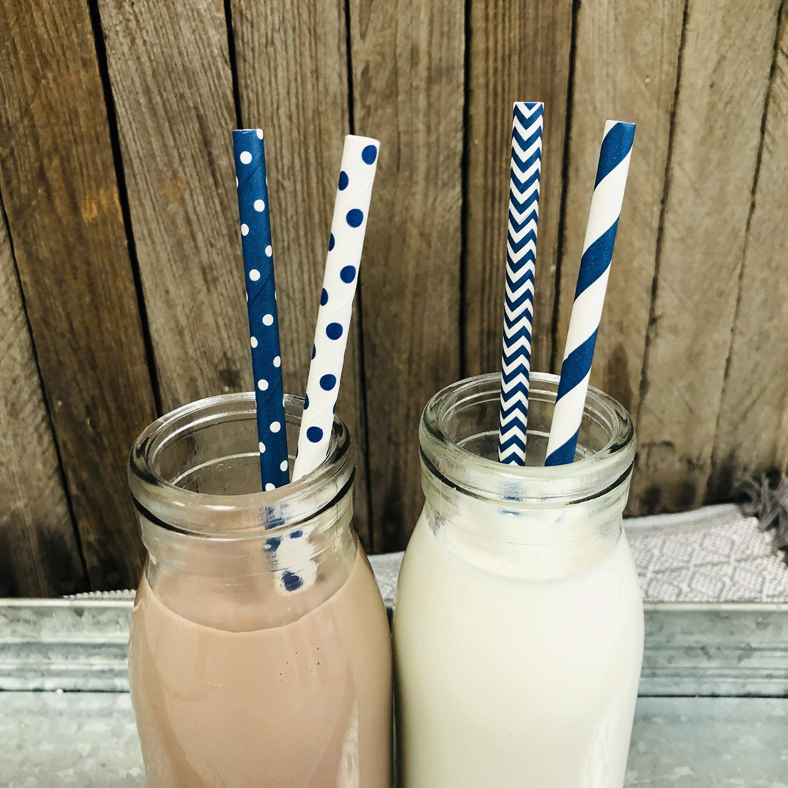 Paper Straws - Navy Blue and White - Stripe Chevron Polka Dot - 7.75 Inches - 100 Pack - Outside the Box Papers Brand