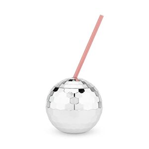 blush silver disco ball cup with straws for parties - 16 ounce cute sparkly glitter cocktail disco ball drink tumbler, party supplies