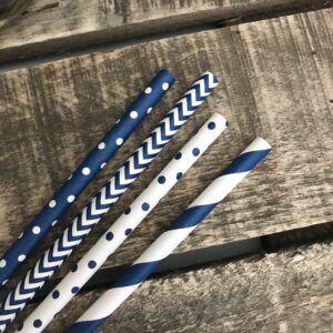 Paper Straws - Navy Blue and White - Stripe Chevron Polka Dot - 7.75 Inches - 100 Pack - Outside the Box Papers Brand