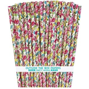 rose floral paper straws - valentine wedding birthday shower supply - pink yellow blue white - 7.75 inches - 100 pack - outside the box papers brand