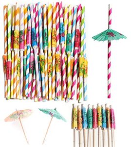 partywoo paper straws, 60 pcs straws drinking and cocktail picks umbrellas, drink straws, cocktail straws for luau birthday party decorations, summer party, hawaiian party, tropical party supplies