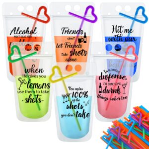 spiareal 24 sets friends zipper drink bags pouches with straws reusable juice small pouch shots friendship plastic for drinks handheld drinking adult birthday party, 8.0 count