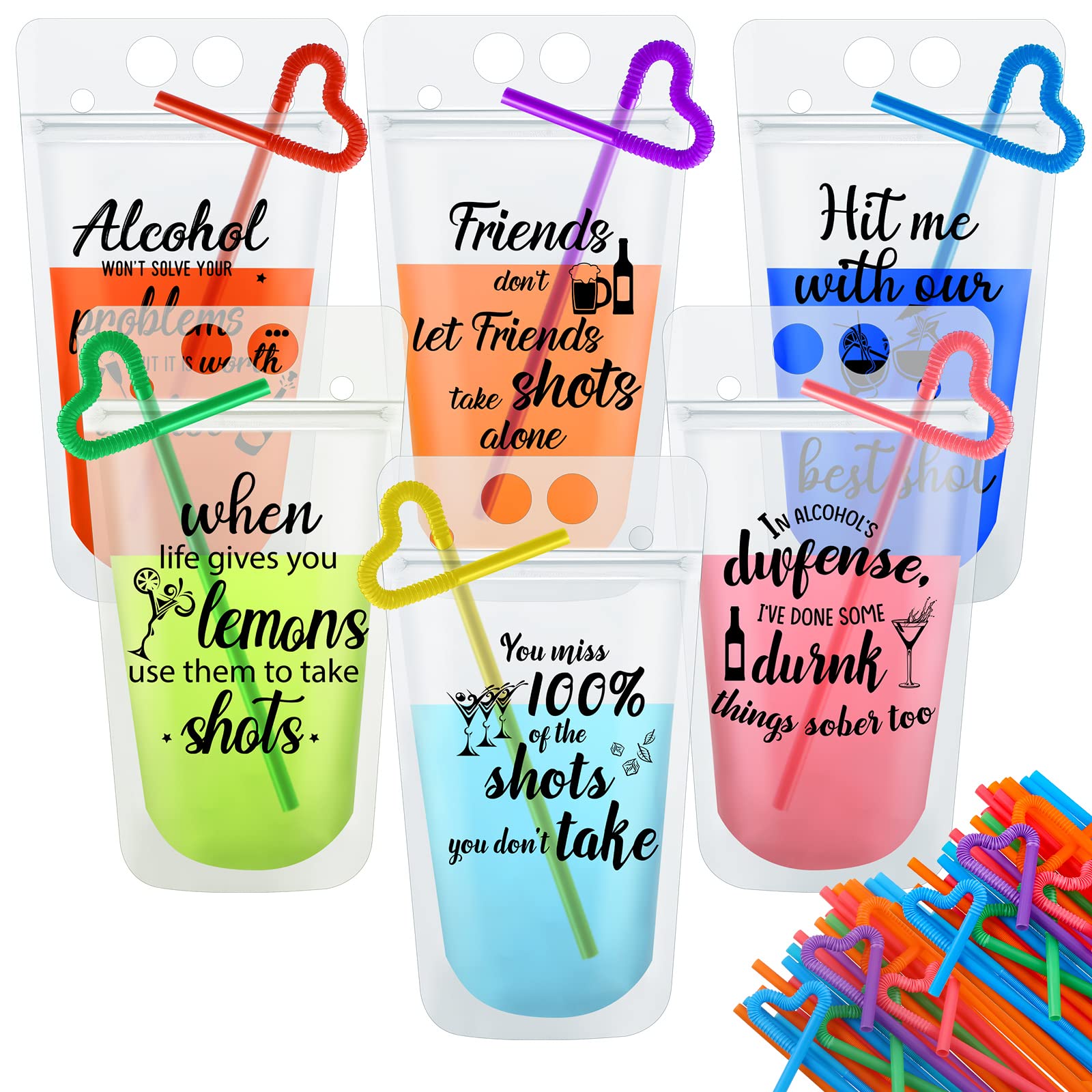 Spiareal 24 Sets Friends Zipper Drink Bags Pouches with Straws Reusable Juice Small Pouch Shots Friendship Plastic for Drinks Handheld Drinking Adult Birthday Party, 8.0 Count