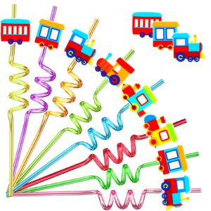 24 pack train theme shaped straws reusable plastic straws drink cocktail straws with cartoon decoration kids train party supplies birthday party favors with 2 cleaning brushes