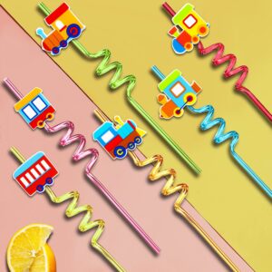 24 Pack Train Theme Shaped Straws Reusable Plastic Straws Drink Cocktail Straws with Cartoon Decoration Kids Train Party Supplies Birthday Party Favors with 2 Cleaning Brushes