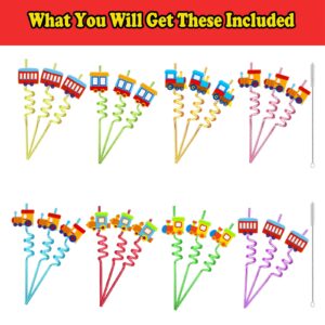 24 Pack Train Theme Shaped Straws Reusable Plastic Straws Drink Cocktail Straws with Cartoon Decoration Kids Train Party Supplies Birthday Party Favors with 2 Cleaning Brushes