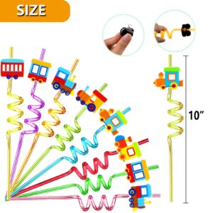 24 Pack Train Theme Shaped Straws Reusable Plastic Straws Drink Cocktail Straws with Cartoon Decoration Kids Train Party Supplies Birthday Party Favors with 2 Cleaning Brushes