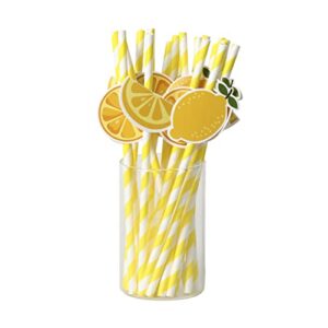lemon biodegradable paper straws，lemon birthday party striped decorative straws - set of 20.
