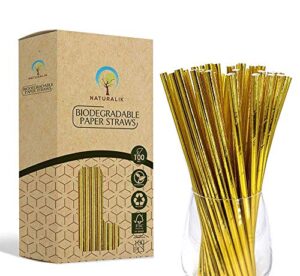 naturalik 100-pack biodegradable gold paper straws- extra durable metallic gold drinking straws- gold straws for birthday, wedding, bridal/baby shower, christmas celebrations, cake pops,party supplies