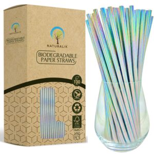 naturalik 100-pack extra durable iridescent paper straws biodegradable- premium eco-friendly paper straws bulk- drinking straws for juices, restaurants and party supplies, 7.7" (silver, 100ct)