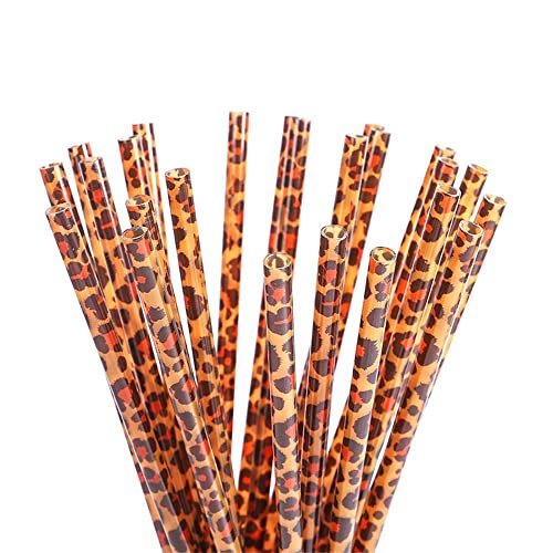 Peiking 20pcs Reusable Leopard Print Plastic Straws, Leopard Animal Drinking Straws and 1 Cleaning Brush for Jungle Animal Birthday Parties, Animal Birthday Party Favors