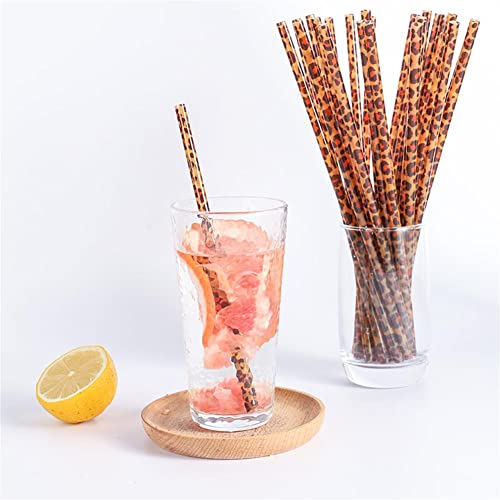 Peiking 20pcs Reusable Leopard Print Plastic Straws, Leopard Animal Drinking Straws and 1 Cleaning Brush for Jungle Animal Birthday Parties, Animal Birthday Party Favors