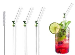 3pcs reusable glass straws green turtle on clear bent straw 8 in x 9 mm with cleaning brush, perfect for smoothies, cocktails