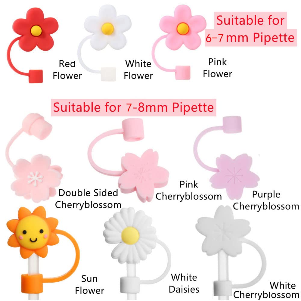 Beyonday 9pcs Silicone Flower Shape Straw Cover Cap Kit, Reusable Drinking Dust Plugs Set Cartoon Cherry Blossom Daisy Sunflowers Shape Spill Proof Straw Tips Cover Cup Stopper Cup Accessories