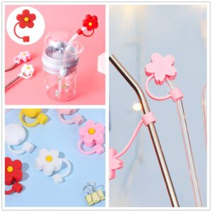 Beyonday 9pcs Silicone Flower Shape Straw Cover Cap Kit, Reusable Drinking Dust Plugs Set Cartoon Cherry Blossom Daisy Sunflowers Shape Spill Proof Straw Tips Cover Cup Stopper Cup Accessories