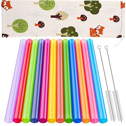 12 Pcs Reusable Smoothie Straws and Boba Straws with 1 Storage Bag and 2 Brushes, 12 Colors 10 Inch Length and 0.51 Inch Outside Diameter Wide Jumbo Straws, BPA Free Food Grade