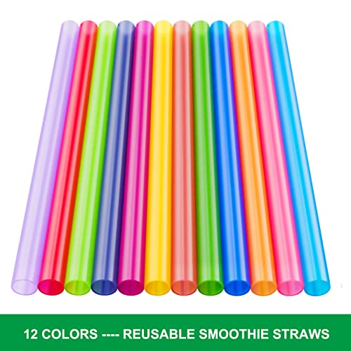 12 Pcs Reusable Smoothie Straws and Boba Straws with 1 Storage Bag and 2 Brushes, 12 Colors 10 Inch Length and 0.51 Inch Outside Diameter Wide Jumbo Straws, BPA Free Food Grade
