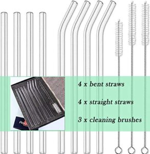 8pcs glass drinking straws, straight 9 inches x 10mm bent 8.2 inches x 10mm, reusable for hot or cold drinks, eco friendly, cleaning brushes included