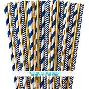 navy blue and gold foil paper straws - stripe chevron solid - 100 pack