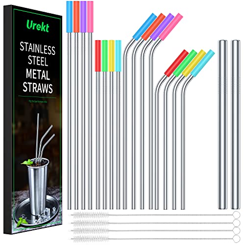 18-Pack Reusable Stainless Steel Straws with Soft Silicone Tips, Urekt 8.5" and 10.5" Long Metal Drinking Straw Set with 2pcs 0.4“ Extra Wide Boba Straws, 4 Cleaning Brushes Included