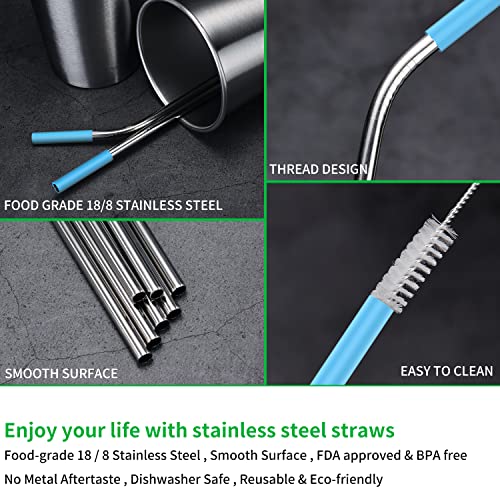 18-Pack Reusable Stainless Steel Straws with Soft Silicone Tips, Urekt 8.5" and 10.5" Long Metal Drinking Straw Set with 2pcs 0.4“ Extra Wide Boba Straws, 4 Cleaning Brushes Included