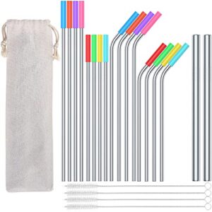 18-Pack Reusable Stainless Steel Straws with Soft Silicone Tips, Urekt 8.5" and 10.5" Long Metal Drinking Straw Set with 2pcs 0.4“ Extra Wide Boba Straws, 4 Cleaning Brushes Included