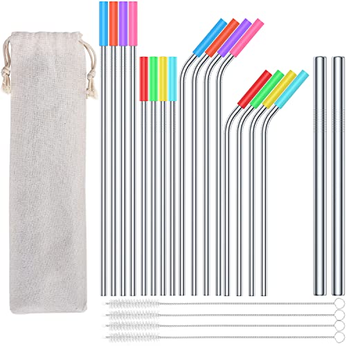 18-Pack Reusable Stainless Steel Straws with Soft Silicone Tips, Urekt 8.5" and 10.5" Long Metal Drinking Straw Set with 2pcs 0.4“ Extra Wide Boba Straws, 4 Cleaning Brushes Included