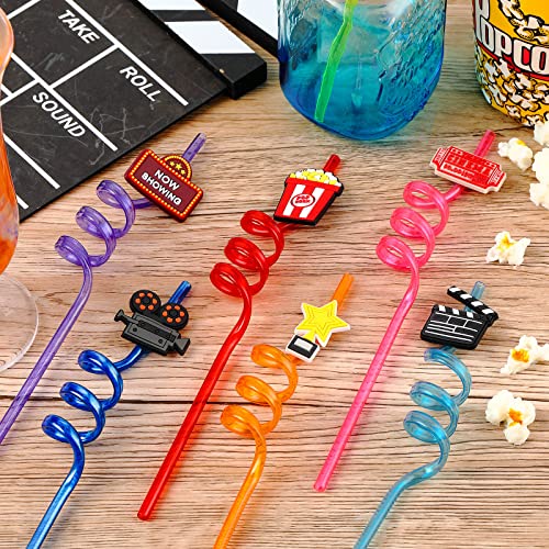 24 Pack Movie Night Party Supplies Movie Night Drinking Straws PET Projector Popcorn Trophy Drinking Straws Plastic Straws Red Carpet Party Decorations for Movie Night Party Favors