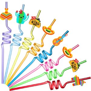24 pieces fiesta straws for party favors reusable mexican cinco de mayo theme party drinking straws plastic colorful straws for fiesta taco themed birthday party decorations supplies, 8 styles