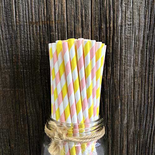 Striped Paper Straws - Light Blush Pink Yellow White - 7.75 Inches - Pack of 50 Outside the Box Papers Brand