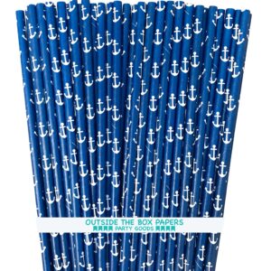anchor nautical themed paper straws - navy blue white - 7.75 inches - 100 pack - outside the box papers brand