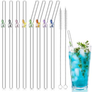 8 pcs reusable glass straws shatter resistant straws with design colorful cute 8'' bend drinking glass straws for cocktail with 2 cleaning brushes (turtle)